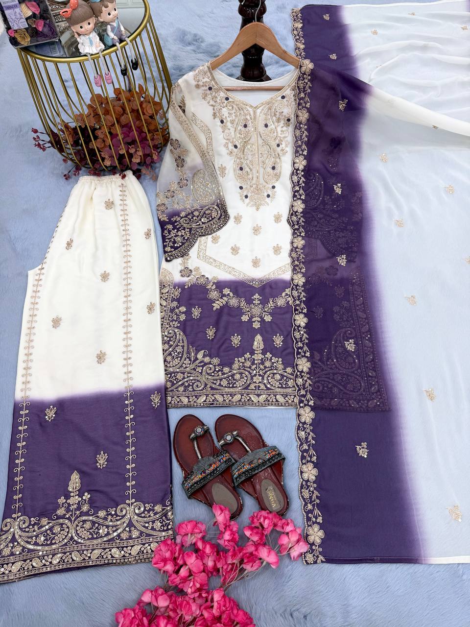 Purple Ivory Embroidered Festive Suit Set with Dupatta for Celebrations