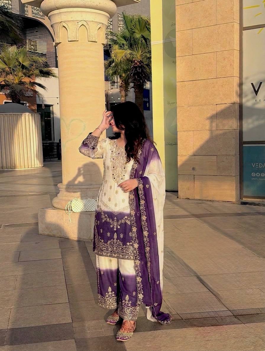 Purple Ivory Embroidered Festive Suit Set with Dupatta for Celebrations