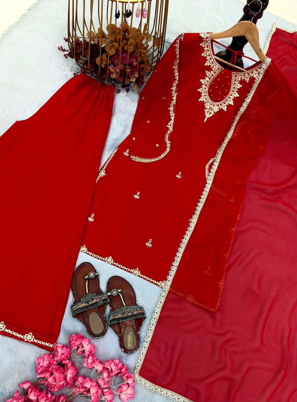 Radiant Red Embroidered Festive Kurta Palazzo Set with Elegant Dupatta