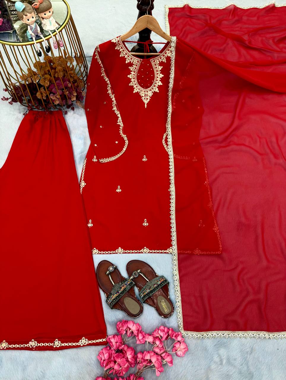 Radiant Red Embroidered Festive Kurta Palazzo Set with Elegant Dupatta