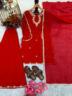 Radiant Red Embroidered Festive Kurta Palazzo Set with Elegant Dupatta
