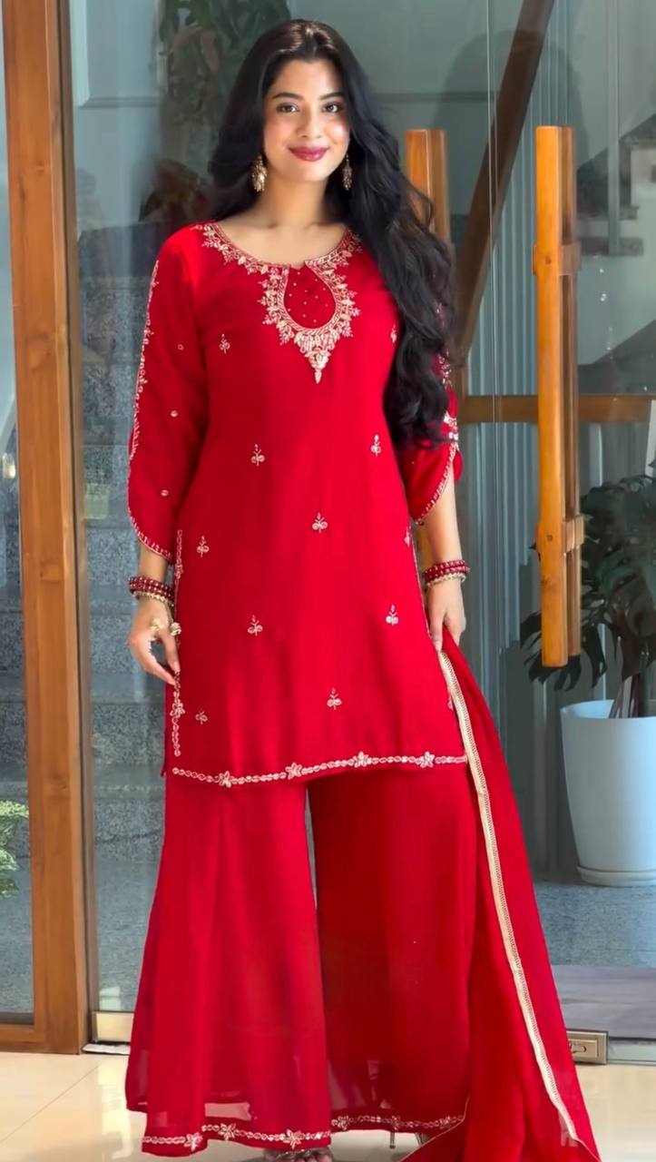 Radiant Red Embroidered Festive Kurta Palazzo Set with Elegant Dupatta
