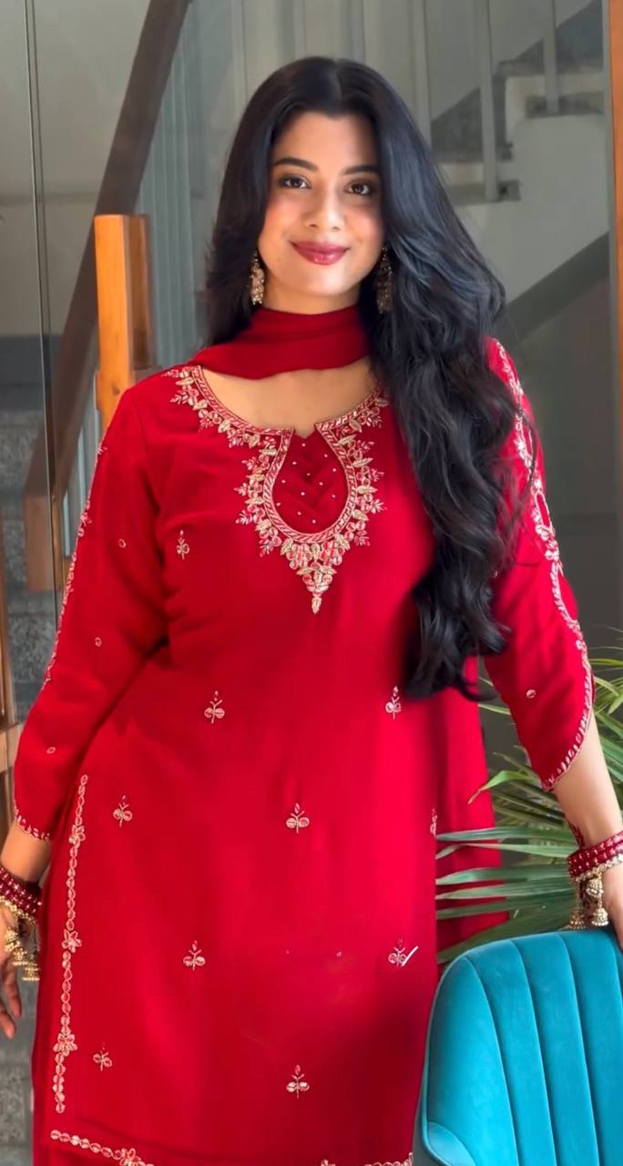 Radiant Red Embroidered Festive Kurta Palazzo Set with Elegant Dupatta