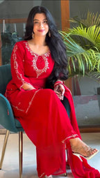 Radiant Red Embroidered Festive Kurta Palazzo Set with Elegant Dupatta