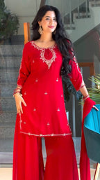 Radiant Red Embroidered Festive Kurta Palazzo Set with Elegant Dupatta