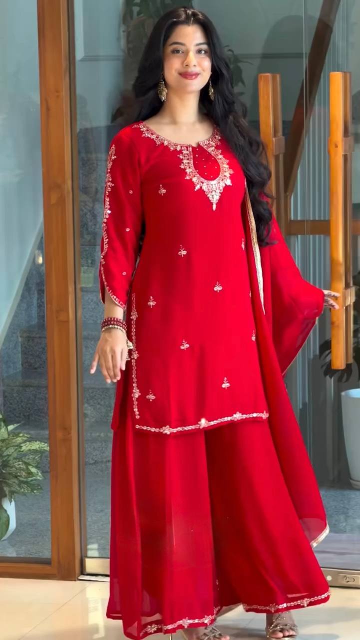 Radiant Red Embroidered Festive Kurta Palazzo Set with Elegant Dupatta