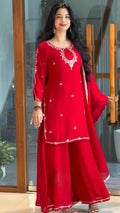 Radiant Red Embroidered Festive Kurta Palazzo Set with Elegant Dupatta