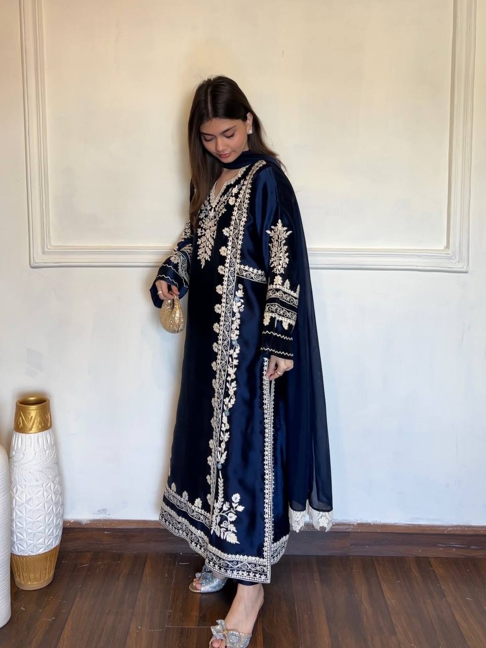 Graceful Navy Blue Festive Satin Rayon Over Size Long Kaftan & Bottom With Dupatta