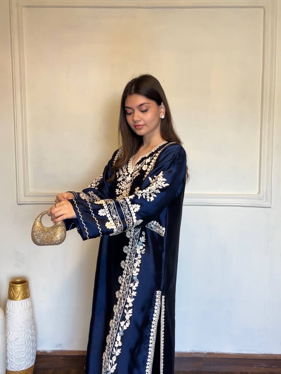 Graceful Navy Blue Festive Satin Rayon Over Size Long Kaftan & Bottom With Dupatta