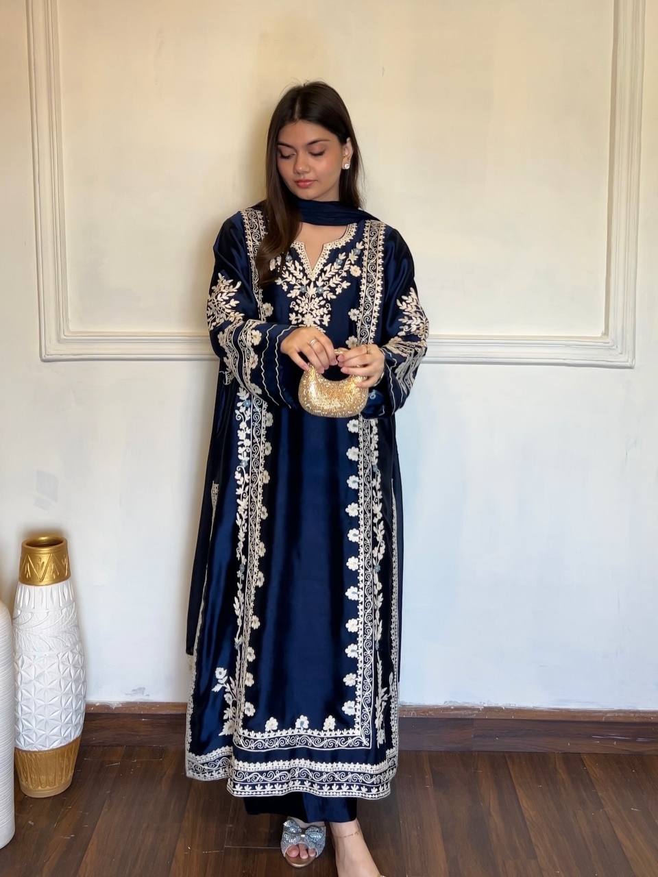 Graceful Navy Blue Festive Satin Rayon Over Size Long Kaftan & Bottom With Dupatta