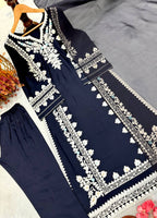 Graceful Navy Blue Festive Satin Rayon Over Size Long Kaftan & Bottom With Dupatta