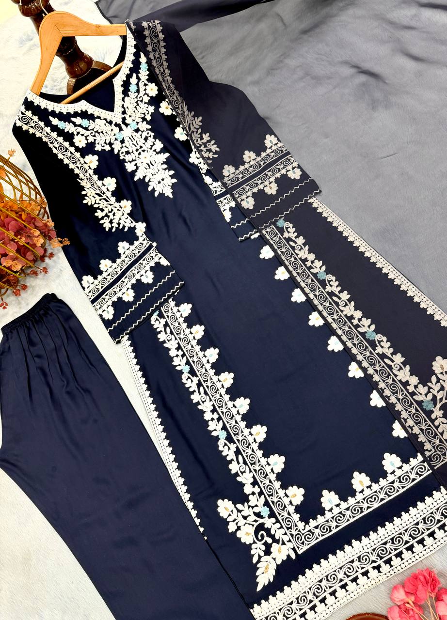 Graceful Navy Blue Festive Satin Rayon Over Size Long Kaftan & Bottom With Dupatta
