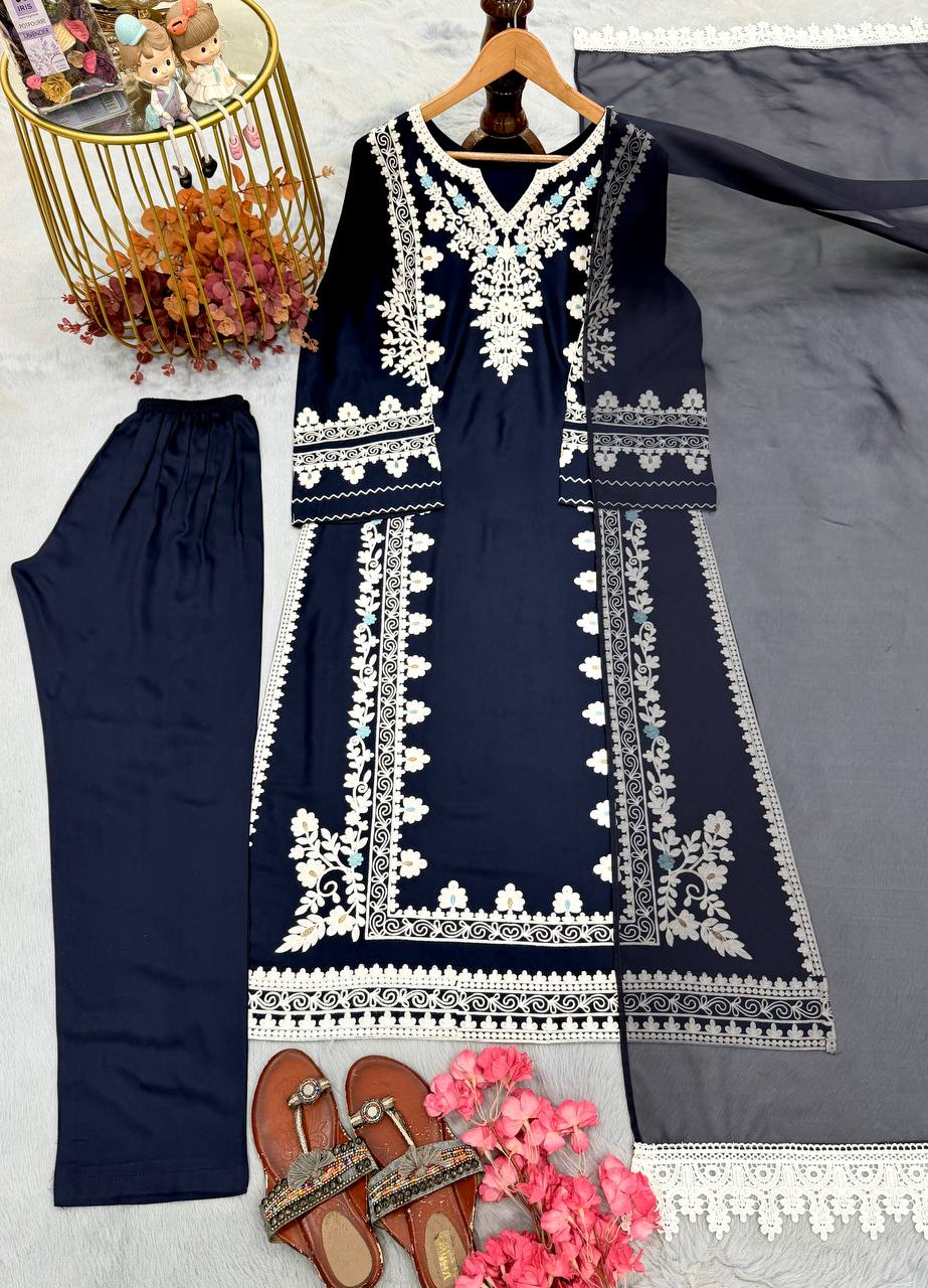 Graceful Navy Blue Festive Satin Rayon Over Size Long Kaftan & Bottom With Dupatta