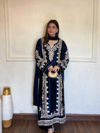 Graceful Navy Blue Festive Satin Rayon Over Size Long Kaftan & Bottom With Dupatta