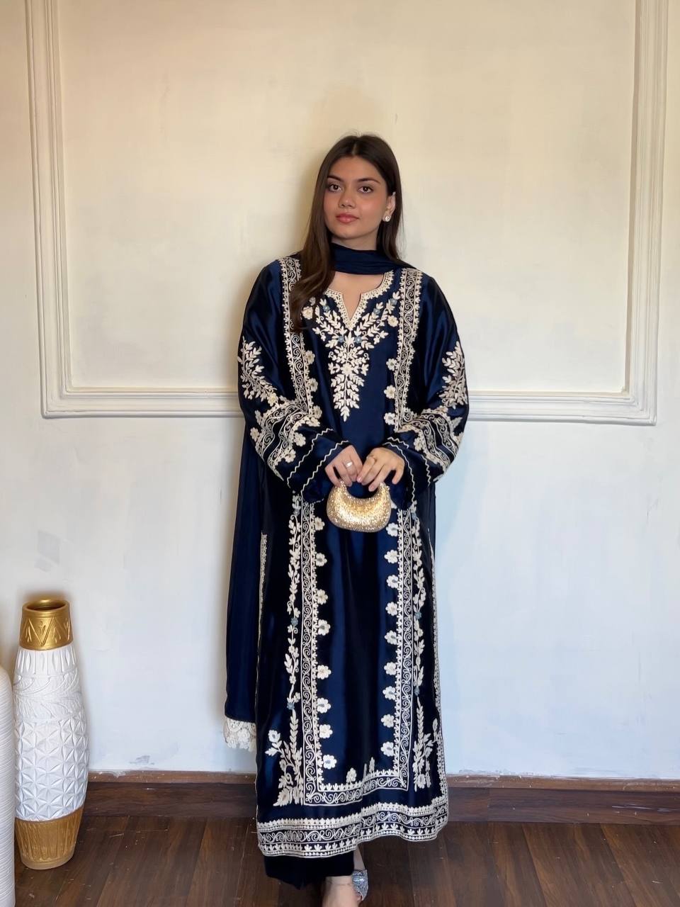 Graceful Navy Blue Festive Satin Rayon Over Size Long Kaftan & Bottom With Dupatta