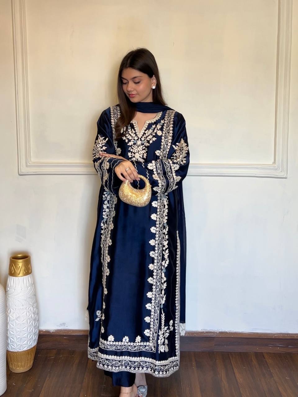 Graceful Navy Blue Festive Satin Rayon Over Size Long Kaftan & Bottom With Dupatta