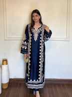 Graceful Navy Blue Festive Satin Rayon Over Size Long Kaftan & Bottom With Dupatta