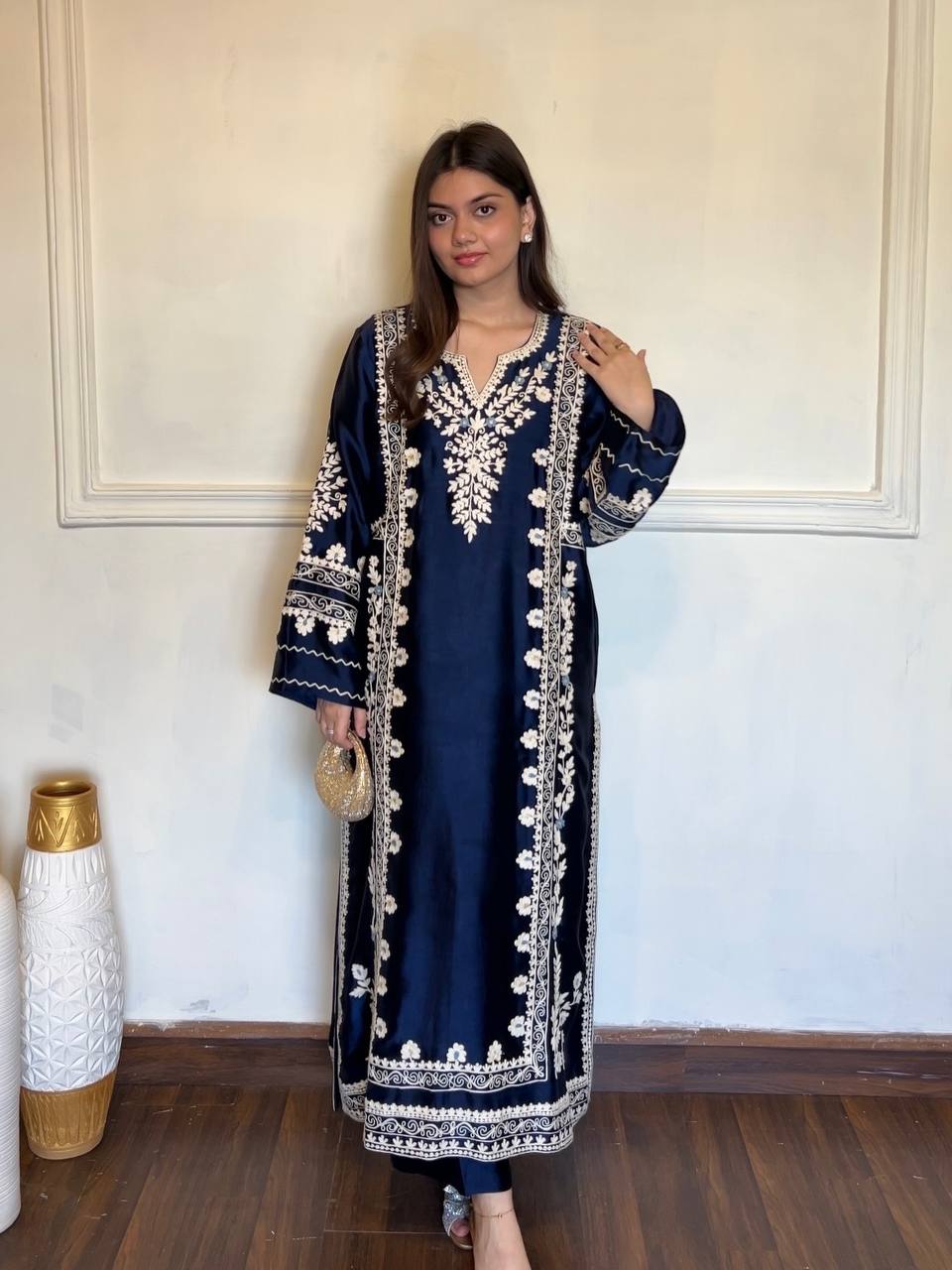 Graceful Navy Blue Festive Satin Rayon Over Size Long Kaftan & Bottom With Dupatta