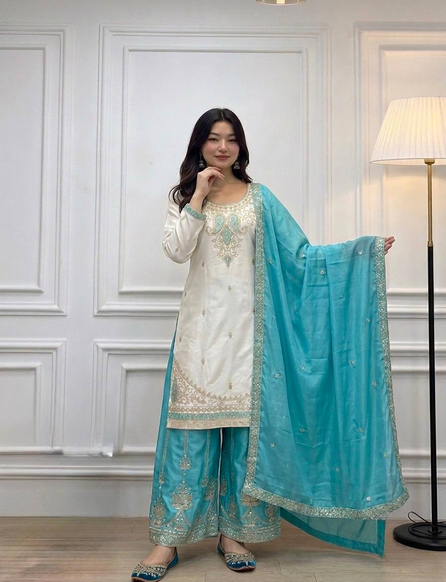 Traditional Embroidered Kurti With Palazzo Suit Set for Festivals & Celebrations