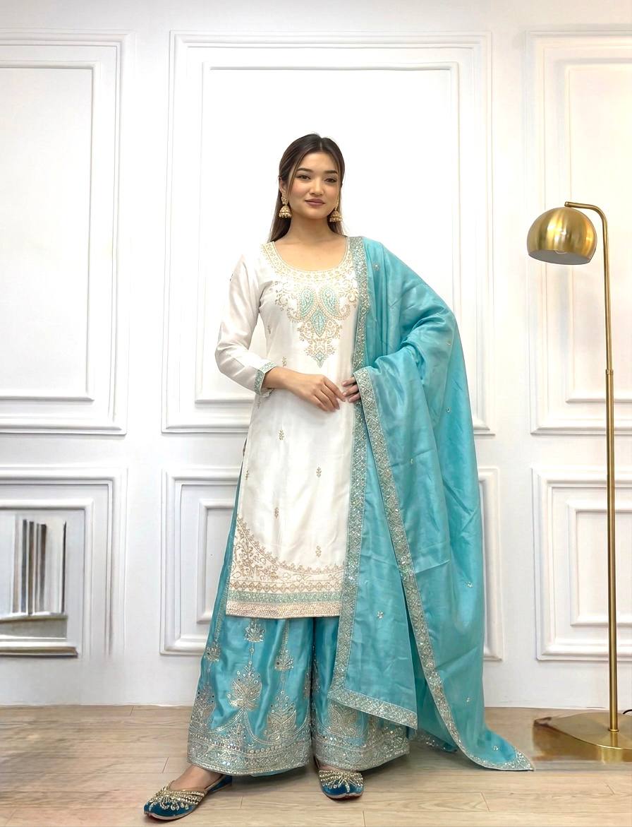 Traditional Embroidered Kurti With Palazzo Suit Set for Festivals & Celebrations