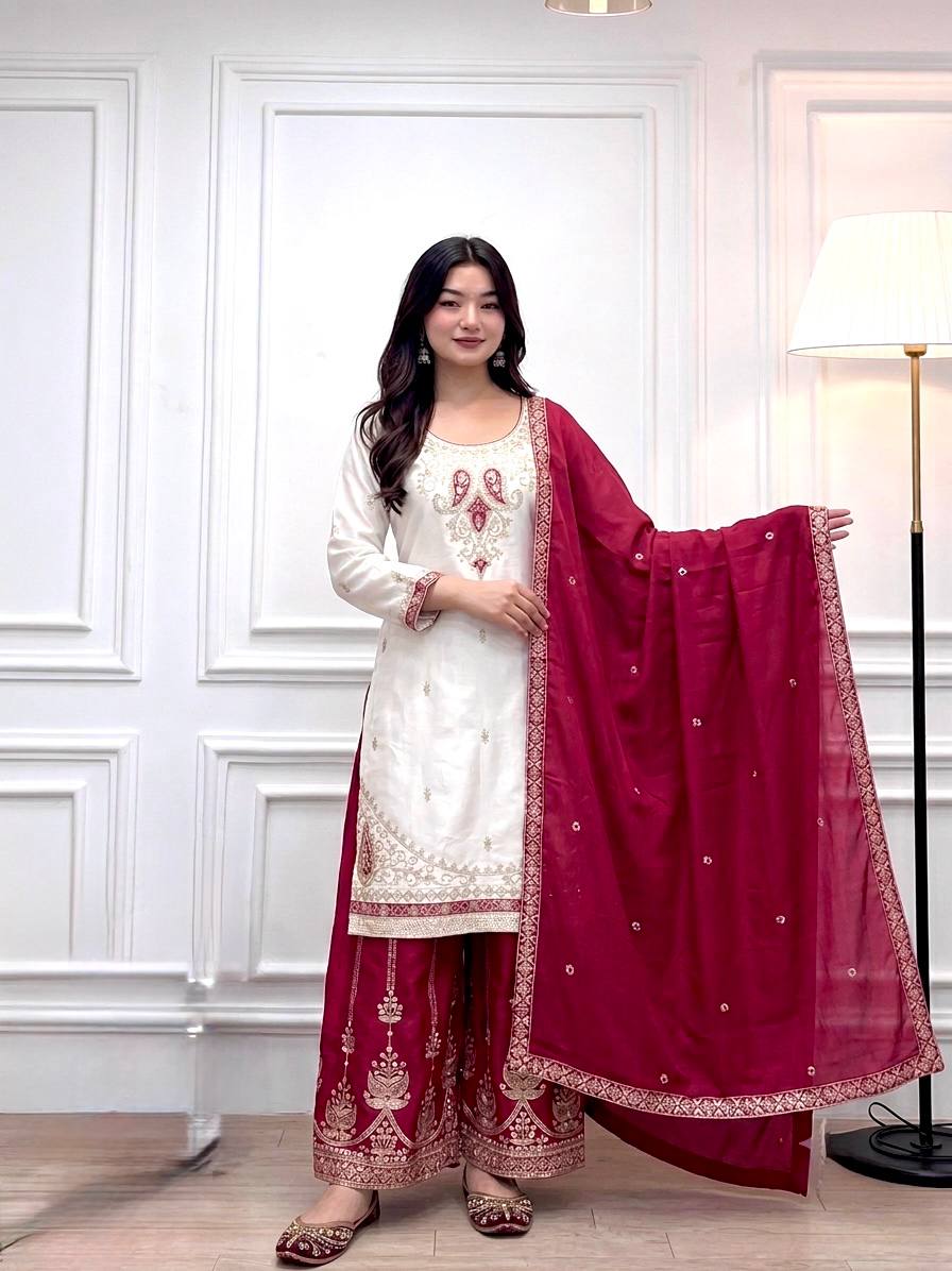 Traditional Embroidered Kurti With Palazzo Suit Set for Festivals & Celebrations