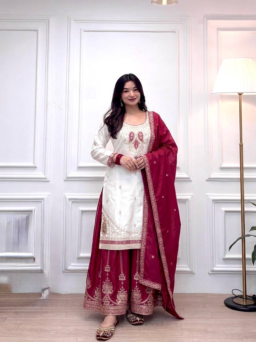 Traditional Embroidered Kurti With Palazzo Suit Set for Festivals & Celebrations