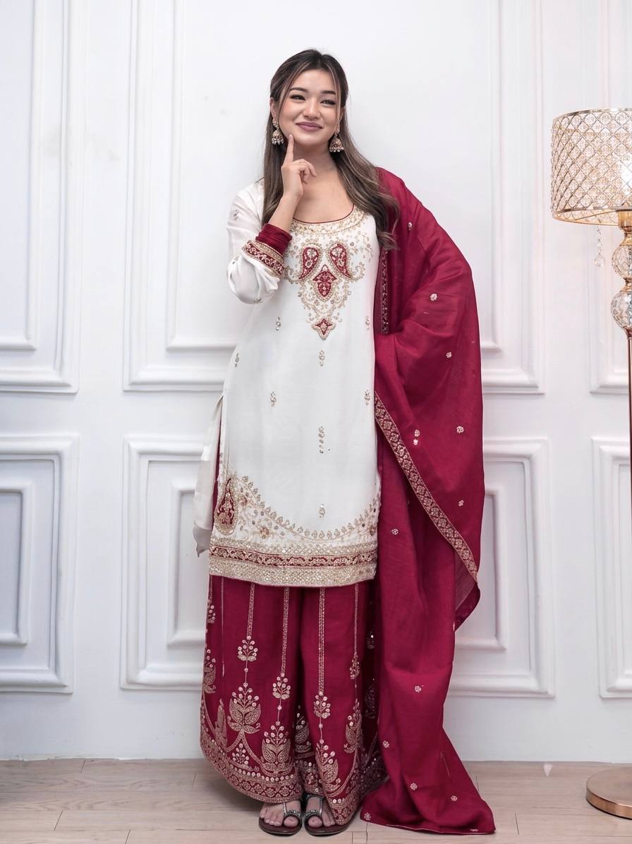 Traditional Embroidered Kurti With Palazzo Suit Set for Festivals & Celebrations