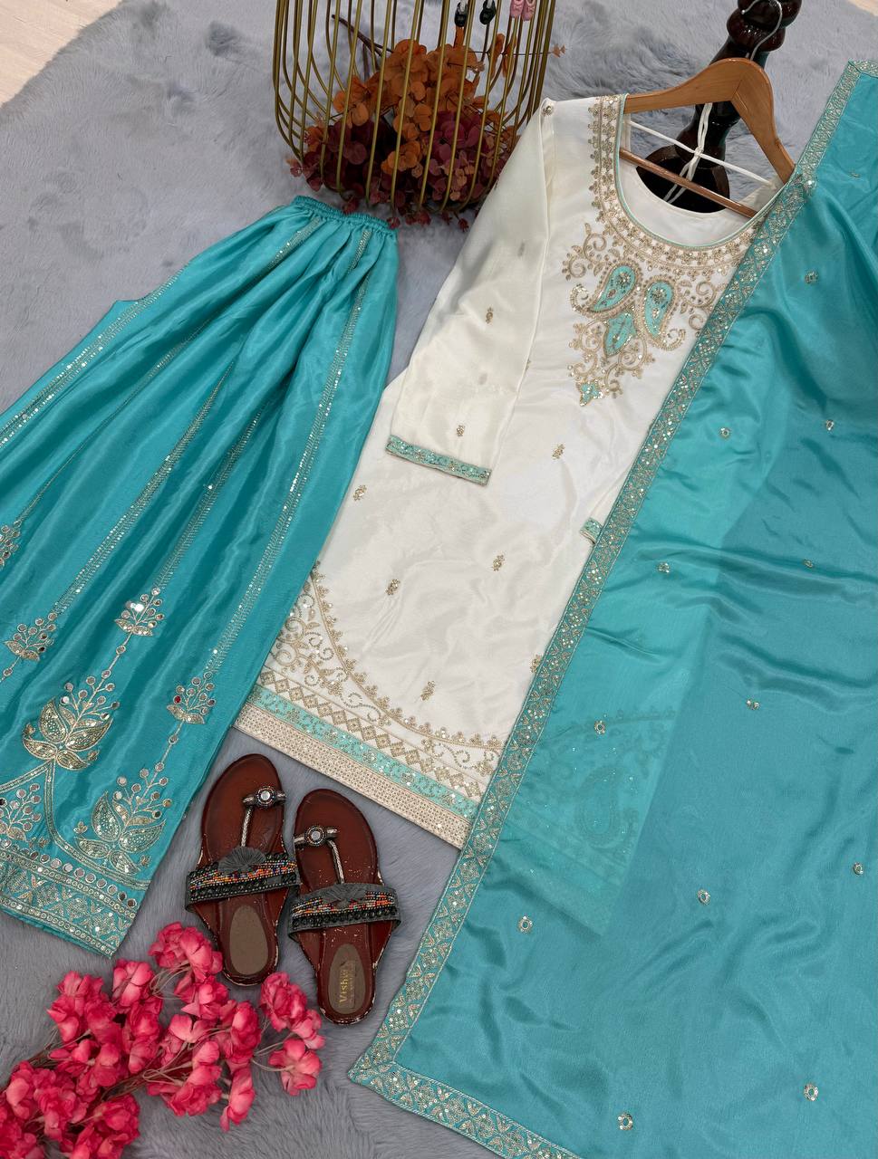 Traditional Embroidered Kurti With Palazzo Suit Set for Festivals & Celebrations