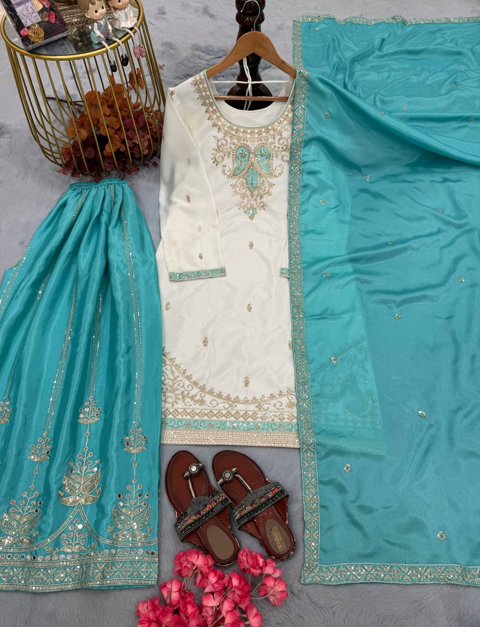 Traditional Embroidered Kurti With Palazzo Suit Set for Festivals & Celebrations