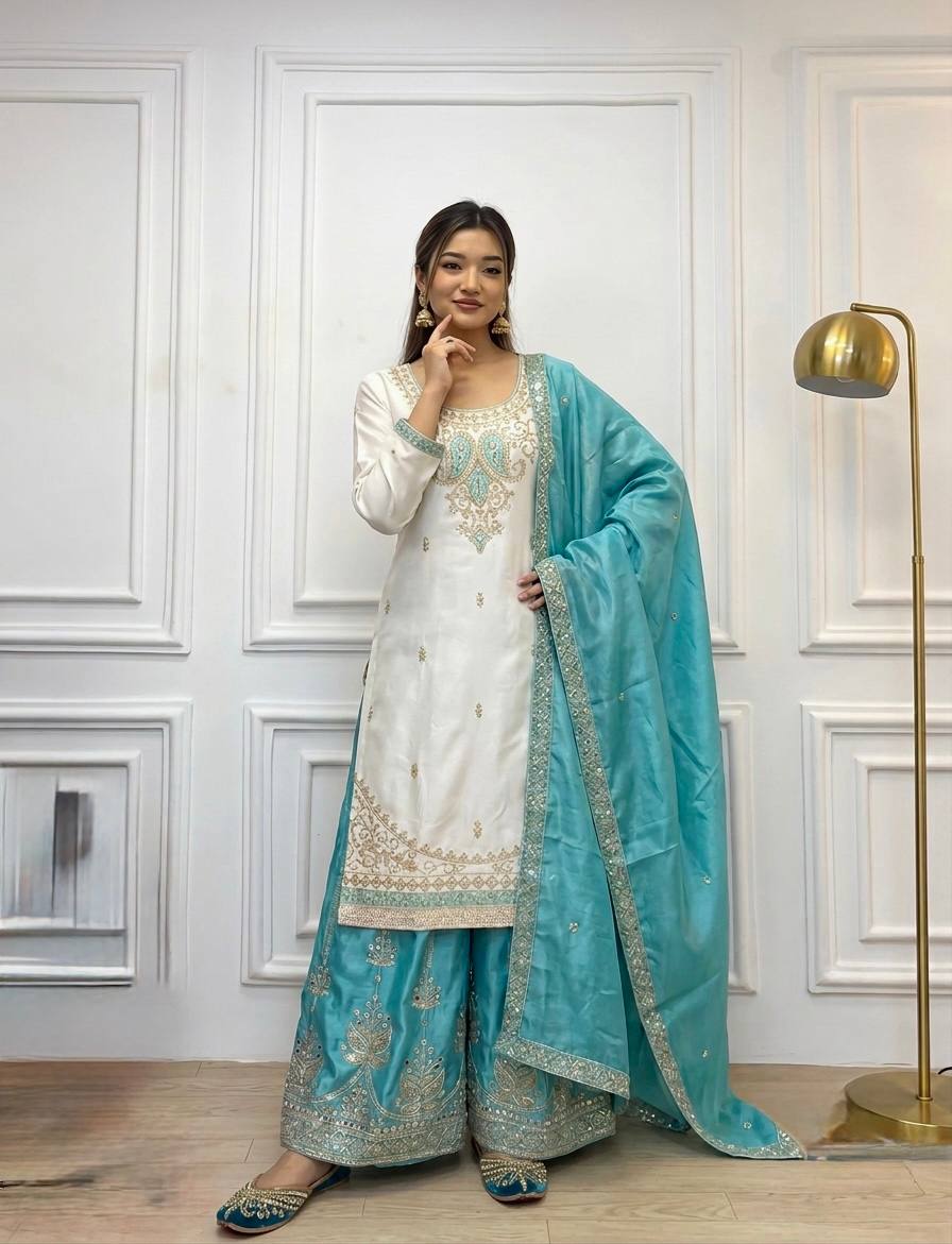 Traditional Embroidered Kurti With Palazzo Suit Set for Festivals & Celebrations