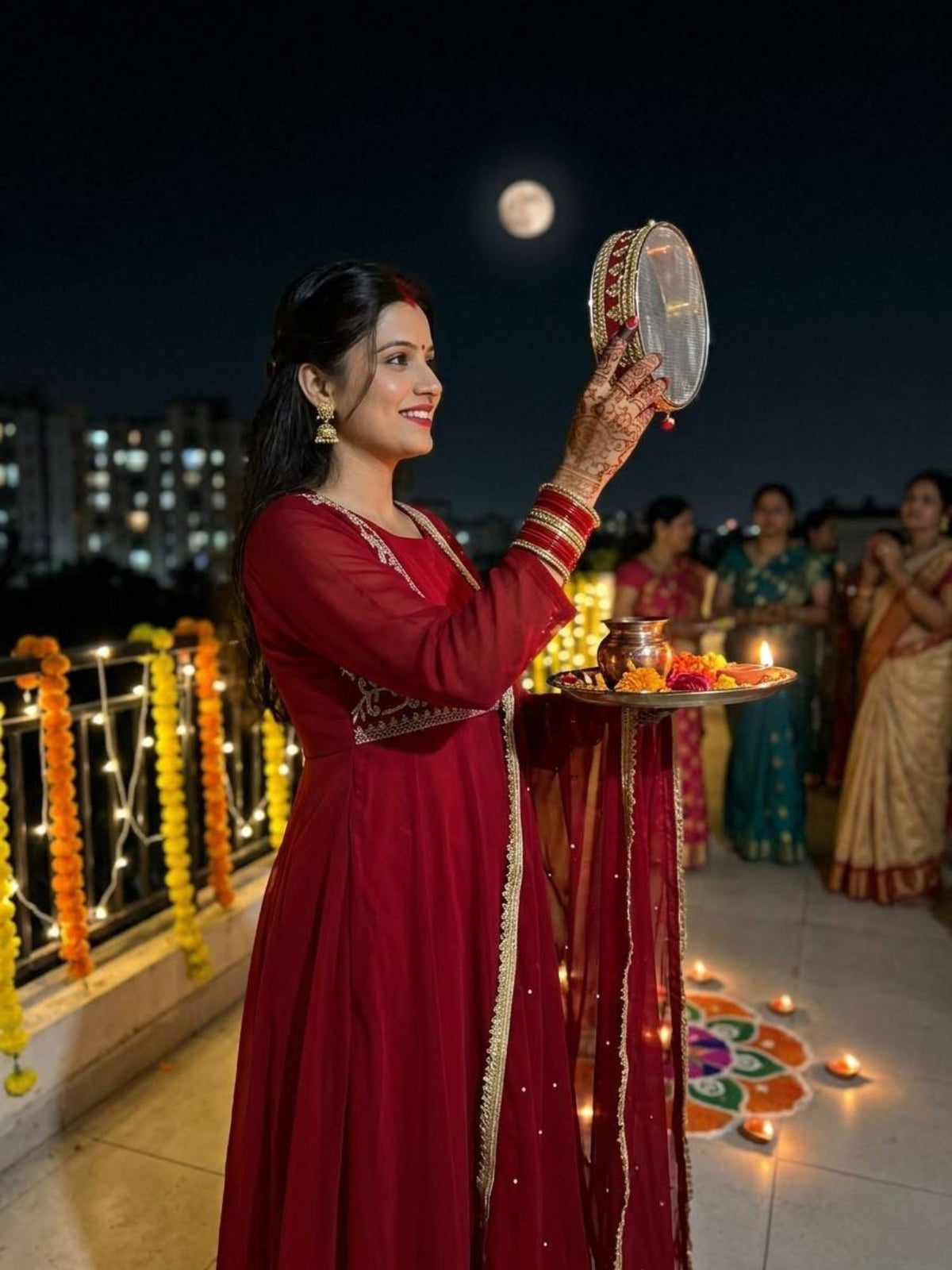 Red Georgette Sequin Embroidered Anarkali Gown Pant with Dupatta for Karwa Chauth Festive Wear