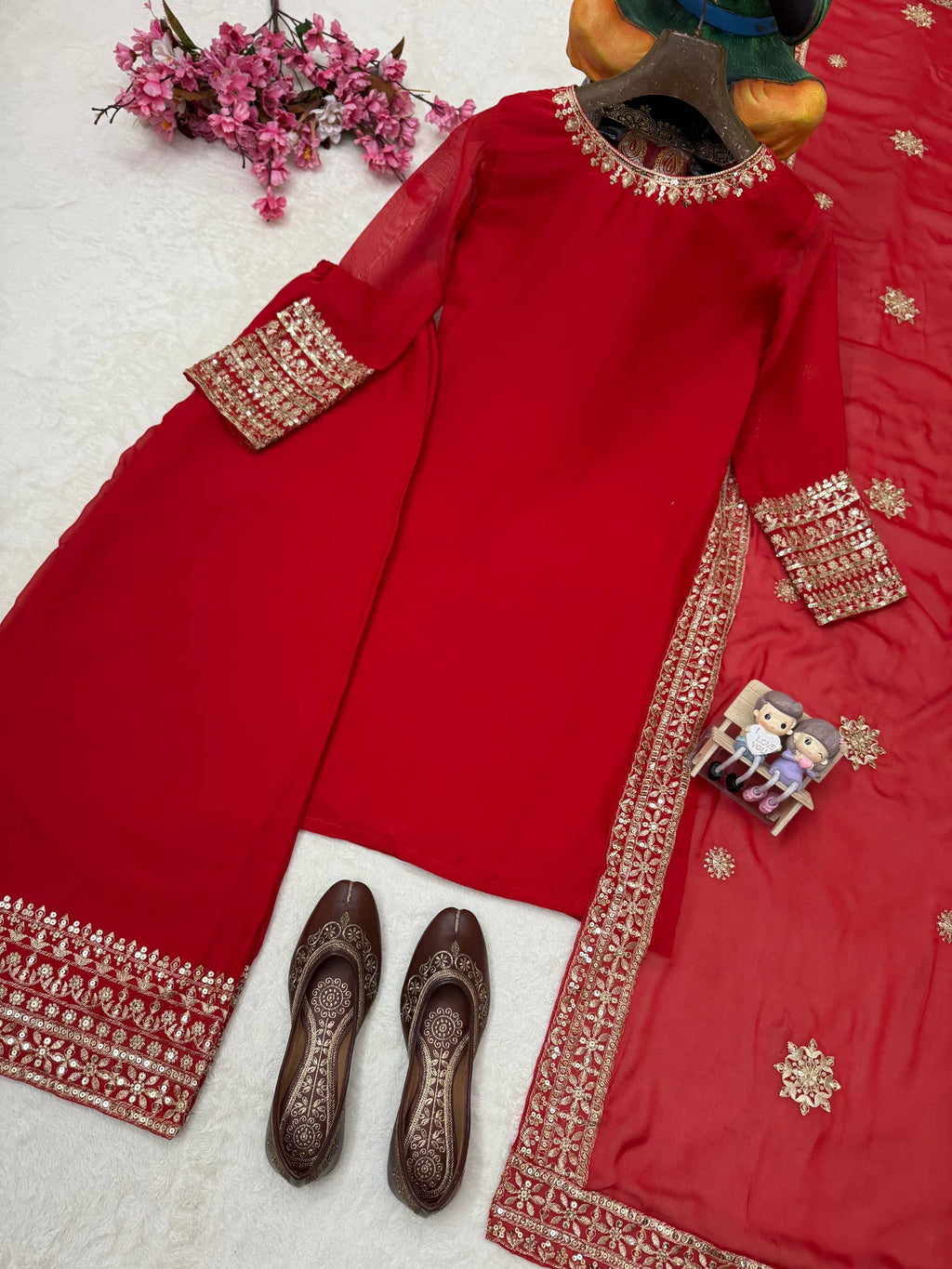 Beautiful Rangoli Silk Sequence and Zari Embroidery Work Kurti Palazzo Set For Festivals