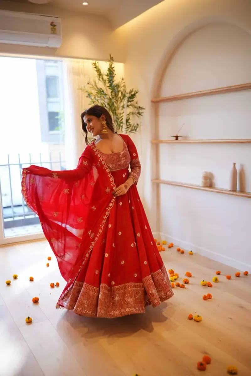 Karwa Chauth Special Red Georgette Anarkali Suit with Sequin Embroidery & Dupatta