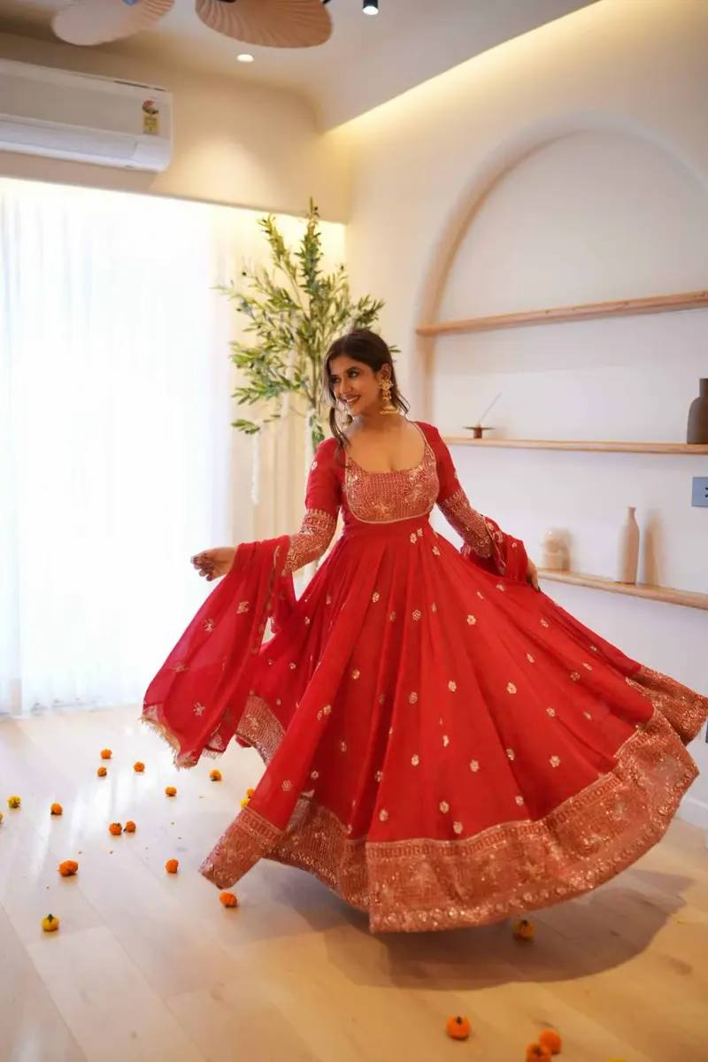 Karwa Chauth Special Red Georgette Anarkali Suit with Sequin Embroidery & Dupatta