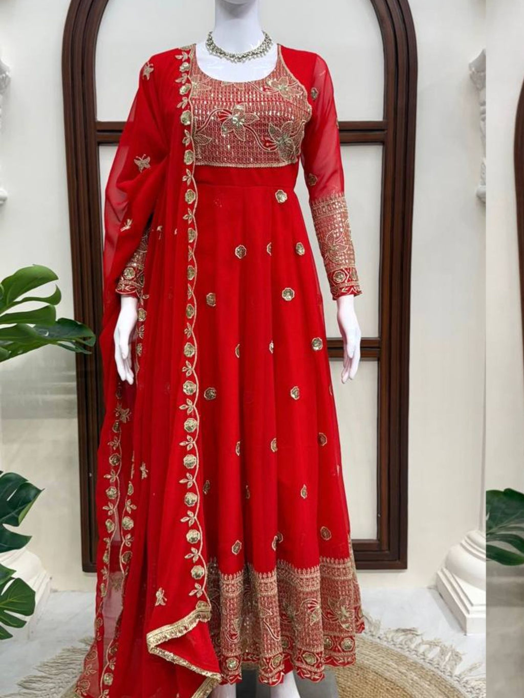 Karwa Chauth Special Red Georgette Anarkali Suit with Sequin Embroidery & Dupatta