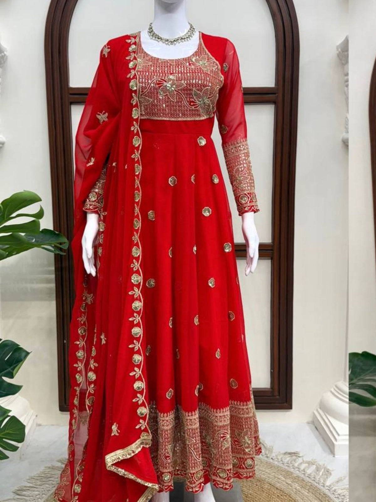 Karwa Chauth Special Red Georgette Anarkali Suit with Sequin Embroidery & Dupatta
