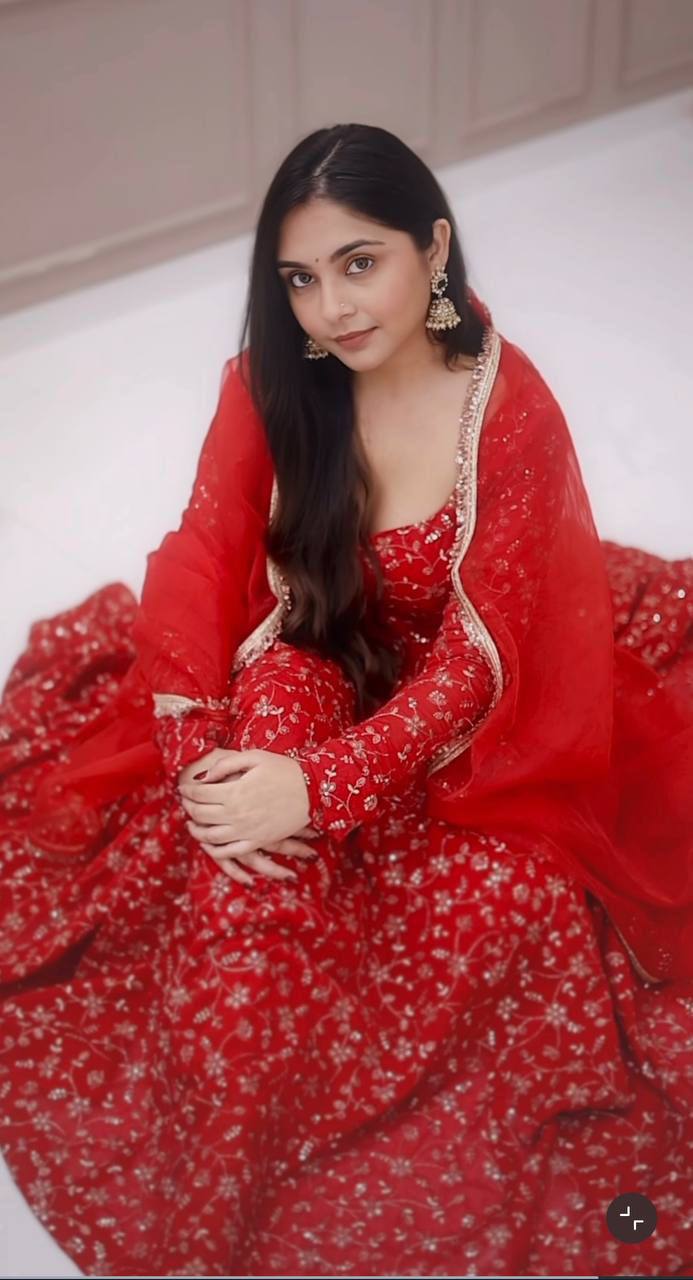 Embroidered Red Georgette Anarkali Suit Set with Sequin Work & Dupatta for Festivals