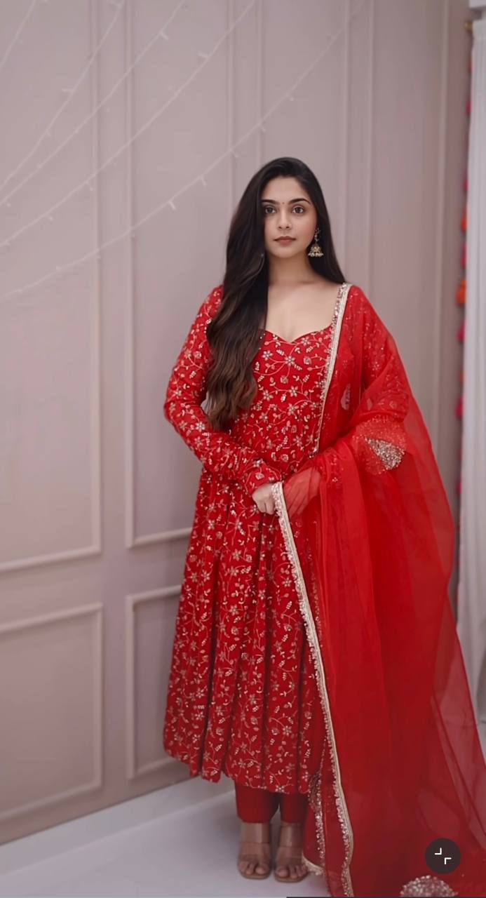 Embroidered Red Georgette Anarkali Suit Set with Sequin Work & Dupatta for Festivals