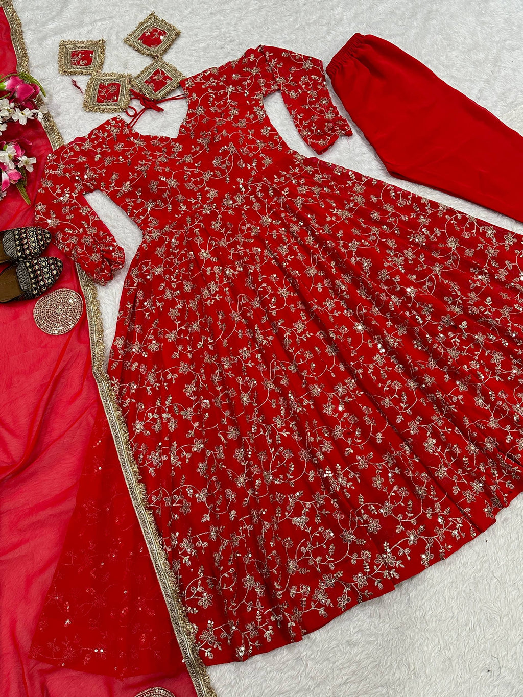Embroidered Red Georgette Anarkali Suit Set with Sequin Work & Dupatta for Festivals