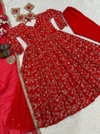 Embroidered Red Georgette Anarkali Suit Set with Sequin Work & Dupatta for Festivals
