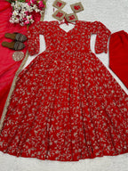 Embroidered Red Georgette Anarkali Suit Set with Sequin Work & Dupatta for Festivals