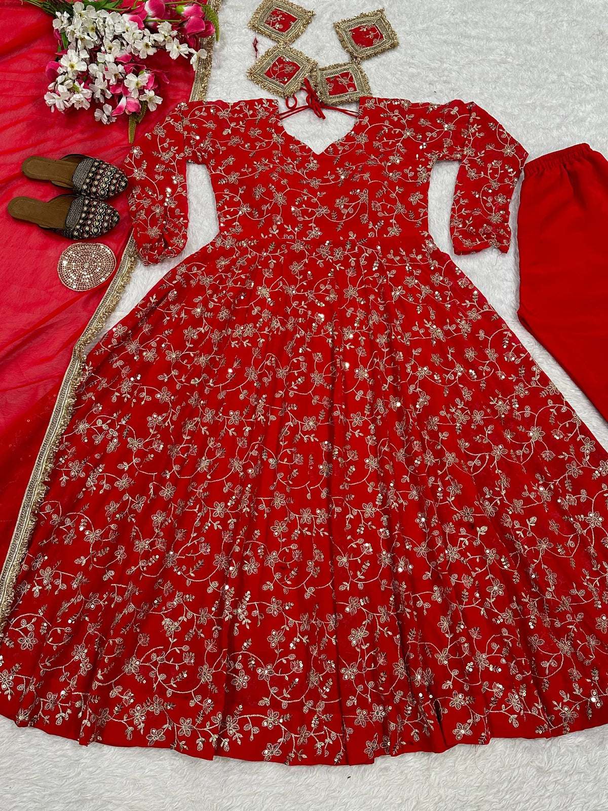 Embroidered Red Georgette Anarkali Suit Set with Sequin Work & Dupatta for Festivals