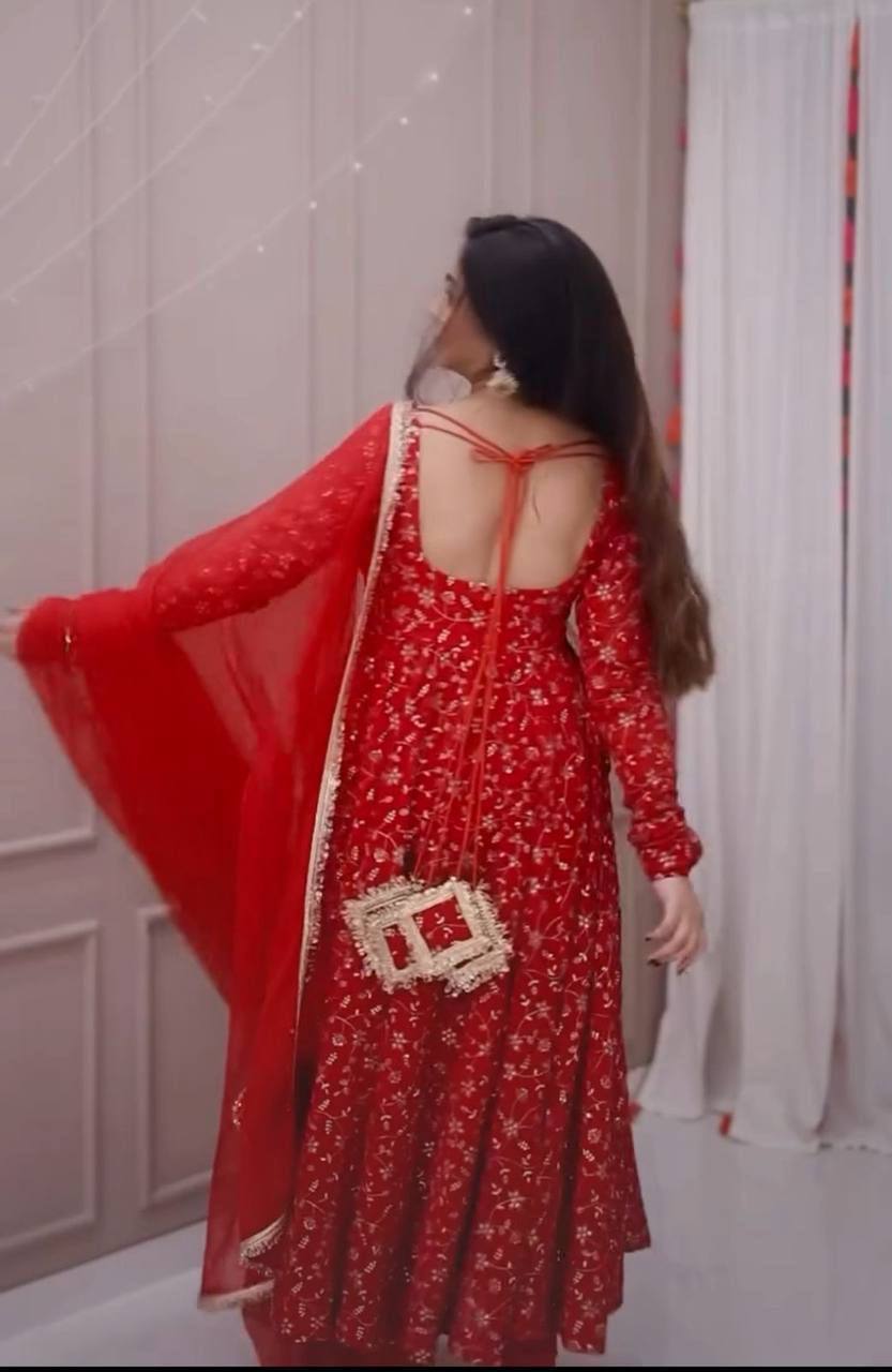 Embroidered Red Georgette Anarkali Suit Set with Sequin Work & Dupatta for Festivals