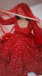 Embroidered Red Georgette Anarkali Suit Set with Sequin Work & Dupatta for Festivals