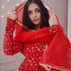 Embroidered Red Georgette Anarkali Suit Set with Sequin Work & Dupatta for Festivals