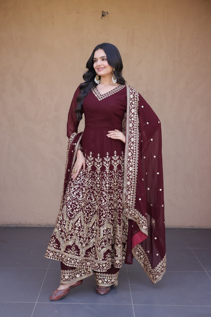 Embroidered Multi-Sequin Gown Pant Dupatta Set for Festive & Wedding Wear