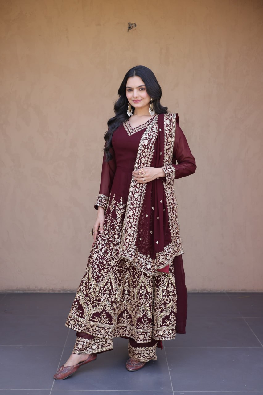 Embroidered Multi-Sequin Gown Pant Dupatta Set for Festive & Wedding Wear