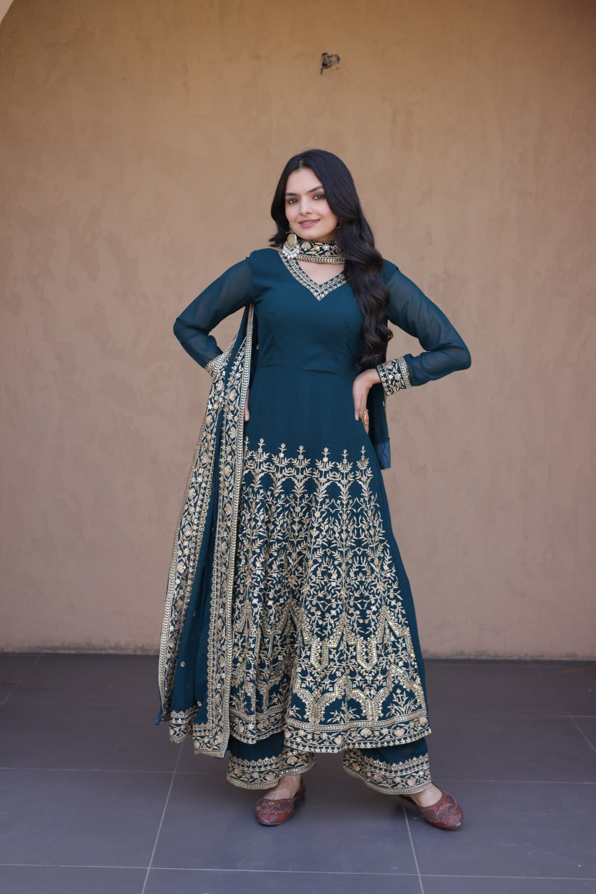 Embroidered Multi-Sequin Gown Pant Dupatta Set for Festive & Wedding Wear