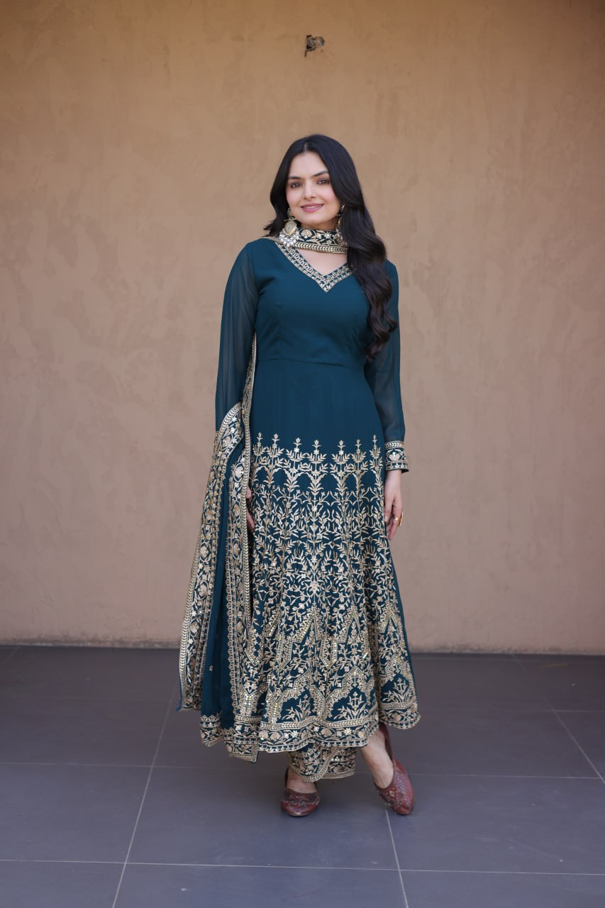 Embroidered Multi-Sequin Gown Pant Dupatta Set for Festive & Wedding Wear