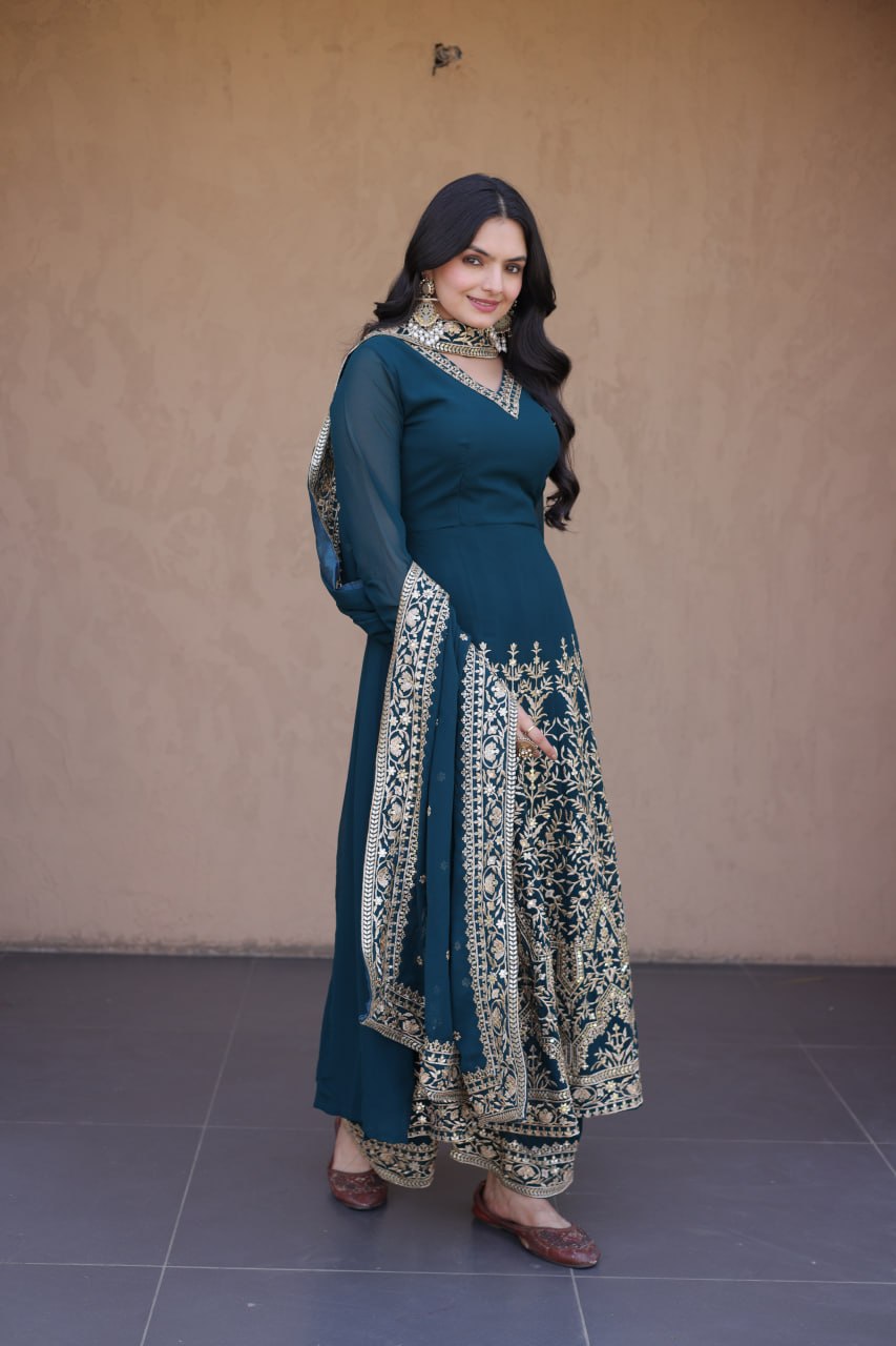 Embroidered Multi-Sequin Gown Pant Dupatta Set for Festive & Wedding Wear